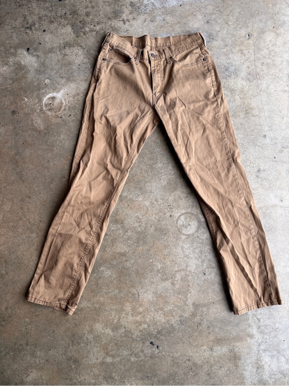 Men's Beige Cotton Twill Casual Pants Straight Leg 5-Pocket Button Zipper